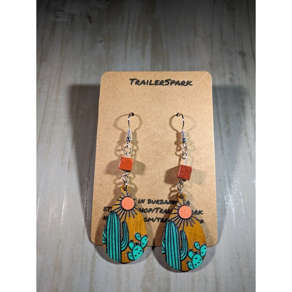 TrailerSpark Desert Cactus Wood Teardrop Earrings Stainless Steel Hooks Boho